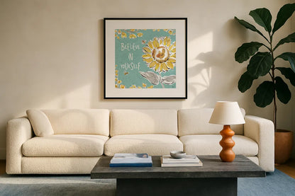 Bee Happy V by Daphne Brissonnet. Displayed in a glass frame with matte in a clean modern living room. Available as an archival giclee rolled canvas, fine art paper, or poster print. SKU 36777a.