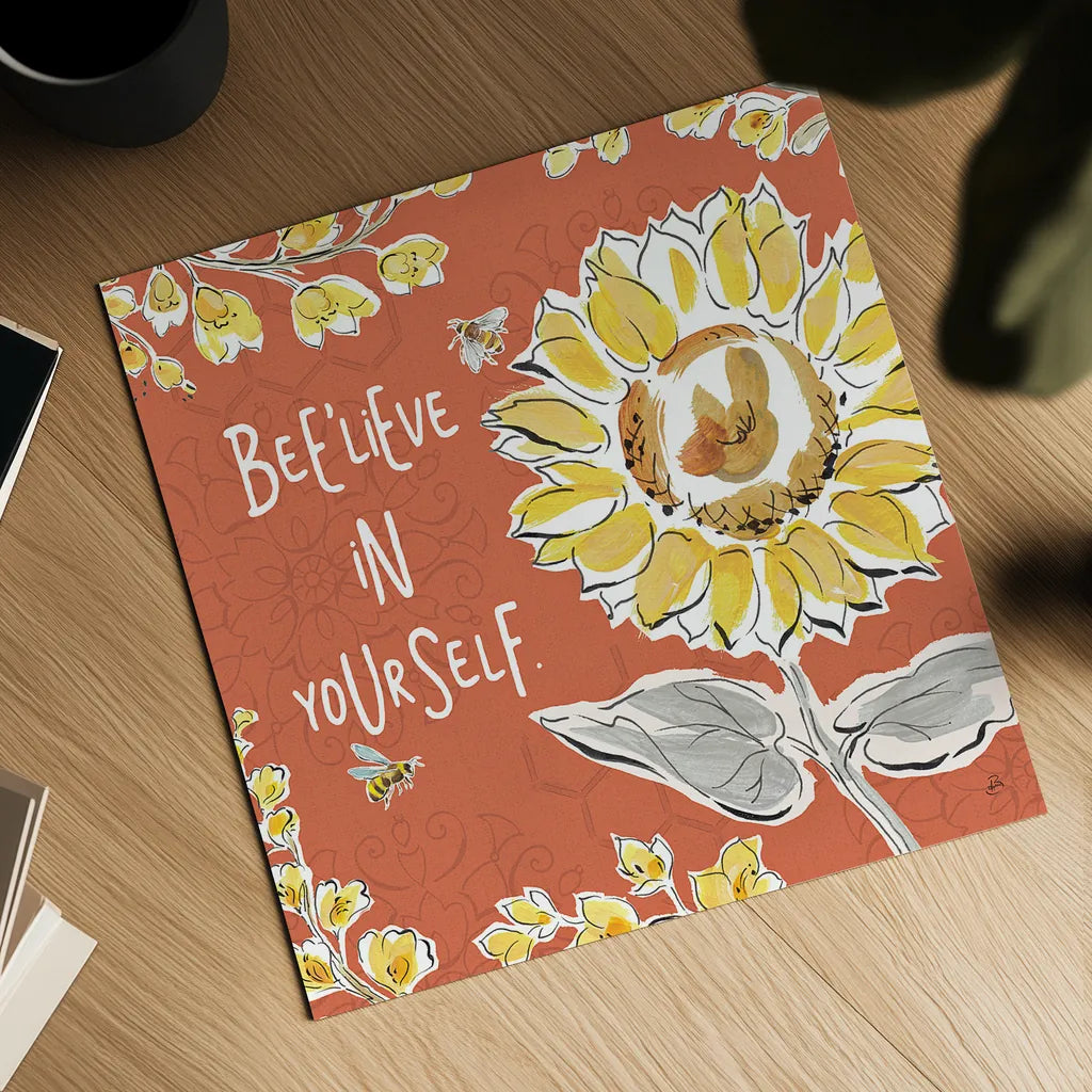 Bee Happy V Spice by Daphne Brissonnet. Shown as a detailed flat fine art print, highlighting archival giclee quality. Available as an archival giclee rolled canvas, fine art paper, or poster print. SKU 36782a.