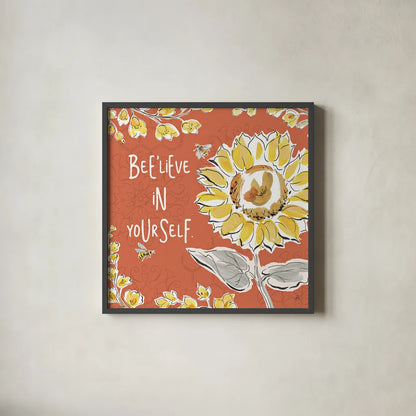 Bee Happy V Spice by Daphne Brissonnet. Shown in a sleek black glass frame for a contemporary gallery look. Available as an archival giclee rolled canvas, fine art paper, or poster print. SKU 36782a.