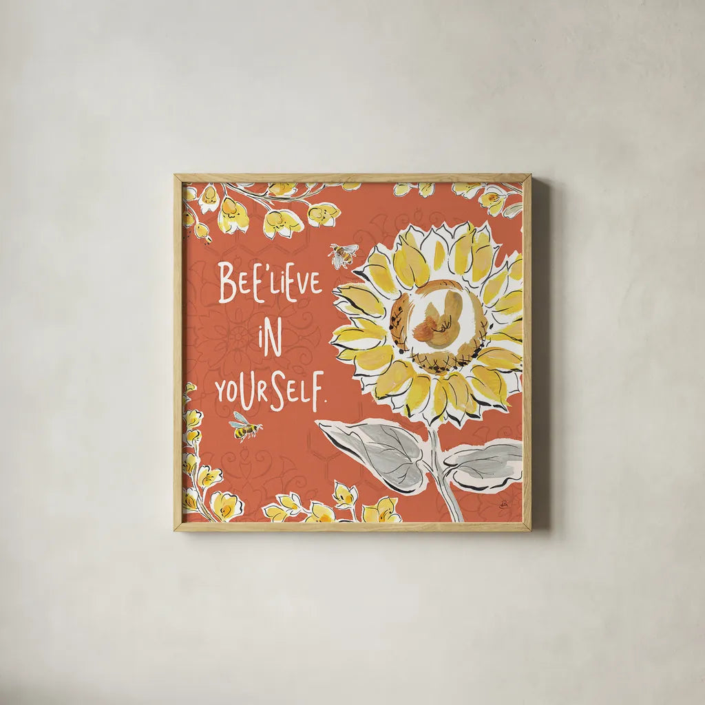 Bee Happy V Spice by Daphne Brissonnet. Shown in a natural wood glass frame for a timeless modern aesthetic. Available as an archival giclee rolled canvas, fine art paper, or poster print. SKU 36782a.