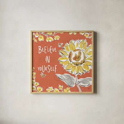 Bee Happy V Spice by Daphne Brissonnet. Shown in a natural wood glass frame for a timeless modern aesthetic. Available as an archival giclee rolled canvas, fine art paper, or poster print. SKU 36782a.
