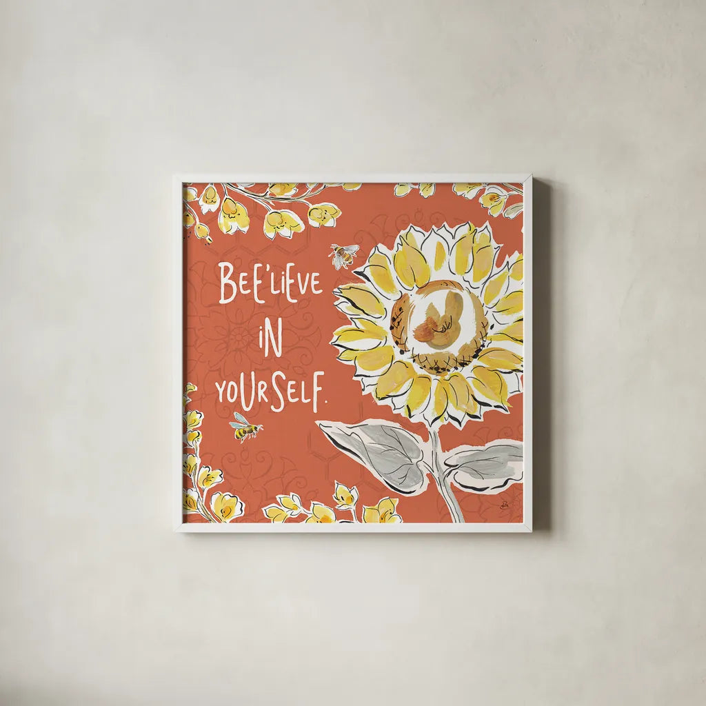 Bee Happy V Spice by Daphne Brissonnet. Shown in a crisp white glass frame for a clean and minimalist style. Available as an archival giclee rolled canvas, fine art paper, or poster print. SKU 36782a.