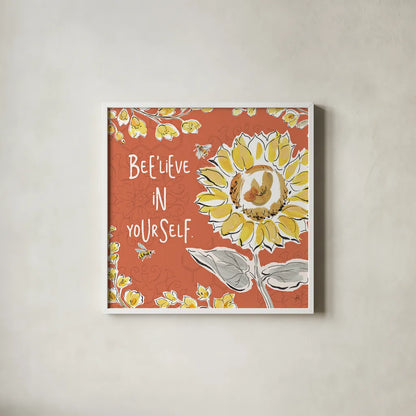 Bee Happy V Spice by Daphne Brissonnet. Shown in a crisp white glass frame for a clean and minimalist style. Available as an archival giclee rolled canvas, fine art paper, or poster print. SKU 36782a.