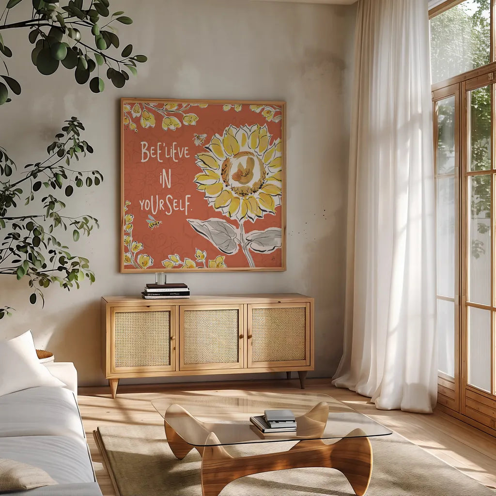 Bee Happy V Spice by Daphne Brissonnet. Shown in a natural wood frame in a cozy modern living room. Available as an archival giclee rolled canvas, fine art paper, or poster print. SKU 36782a.