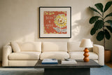 Bee Happy V Spice by Daphne Brissonnet. Displayed in a glass frame with matte in a clean modern living room. Available as an archival giclee rolled canvas, fine art paper, or poster print. SKU 36782a.