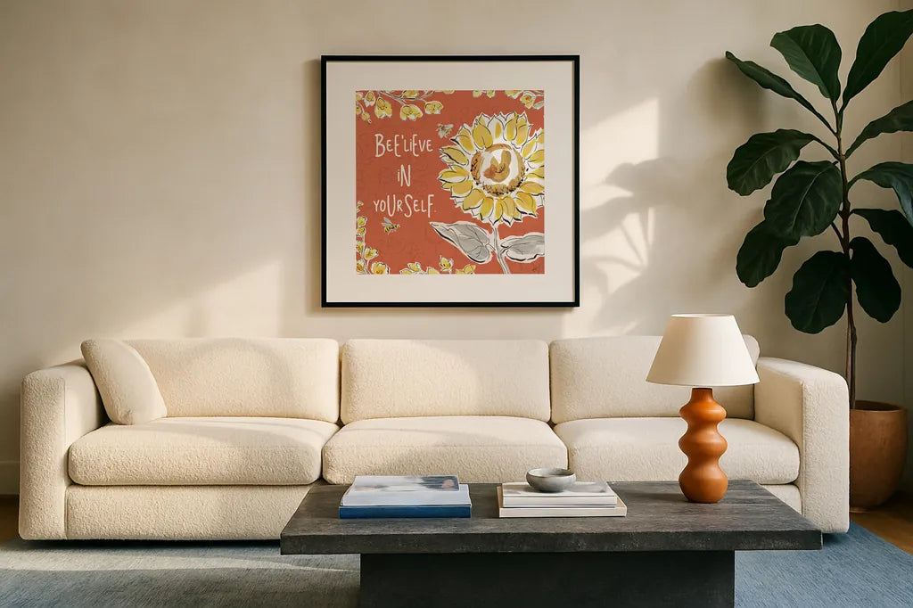 Bee Happy V Spice by Daphne Brissonnet. Displayed in a glass frame with matte in a clean modern living room. Available as an archival giclee rolled canvas, fine art paper, or poster print. SKU 36782a.