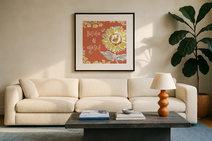 Bee Happy V Spice by Daphne Brissonnet. Displayed in a glass frame with matte in a clean modern living room. Available as an archival giclee rolled canvas, fine art paper, or poster print. SKU 36782a.