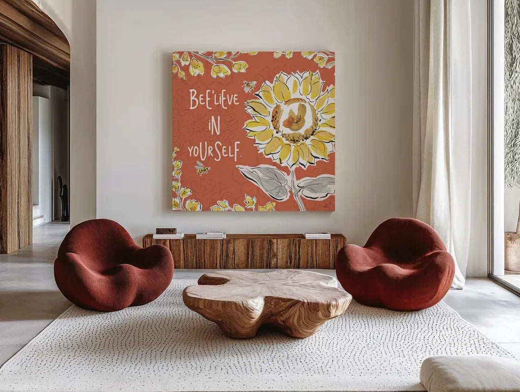 Bee Happy V Spice by Daphne Brissonnet. Shown as extra-large giant wall art in a modern living room. Available as an archival giclee rolled canvas, fine art paper, or poster print. SKU 36782a.