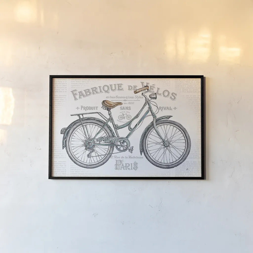 Bicycles I by Daphne Brissonnet. shown as a paper print in a black flame. Available as a archival giclee rolled canvas, fine art paper, or poster print. SKU 28773i.