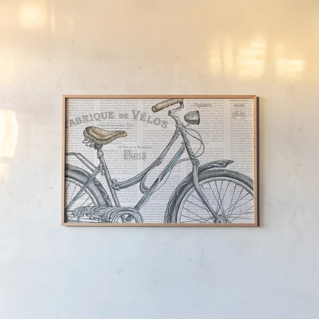 Bicycles III by Daphne Brissonnet. shown as a paper print in a natural frame. Available as a archival giclee rolled canvas, fine art paper, or poster print. SKU 28775i.