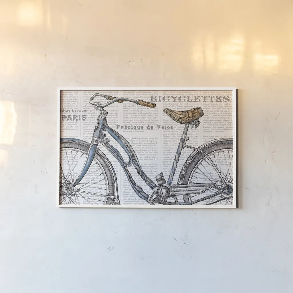 Bicycles IV by Daphne Brissonnet. shown as a paper print in a white frame. Available as a archival giclee rolled canvas, fine art paper, or poster print. SKU 28776i.