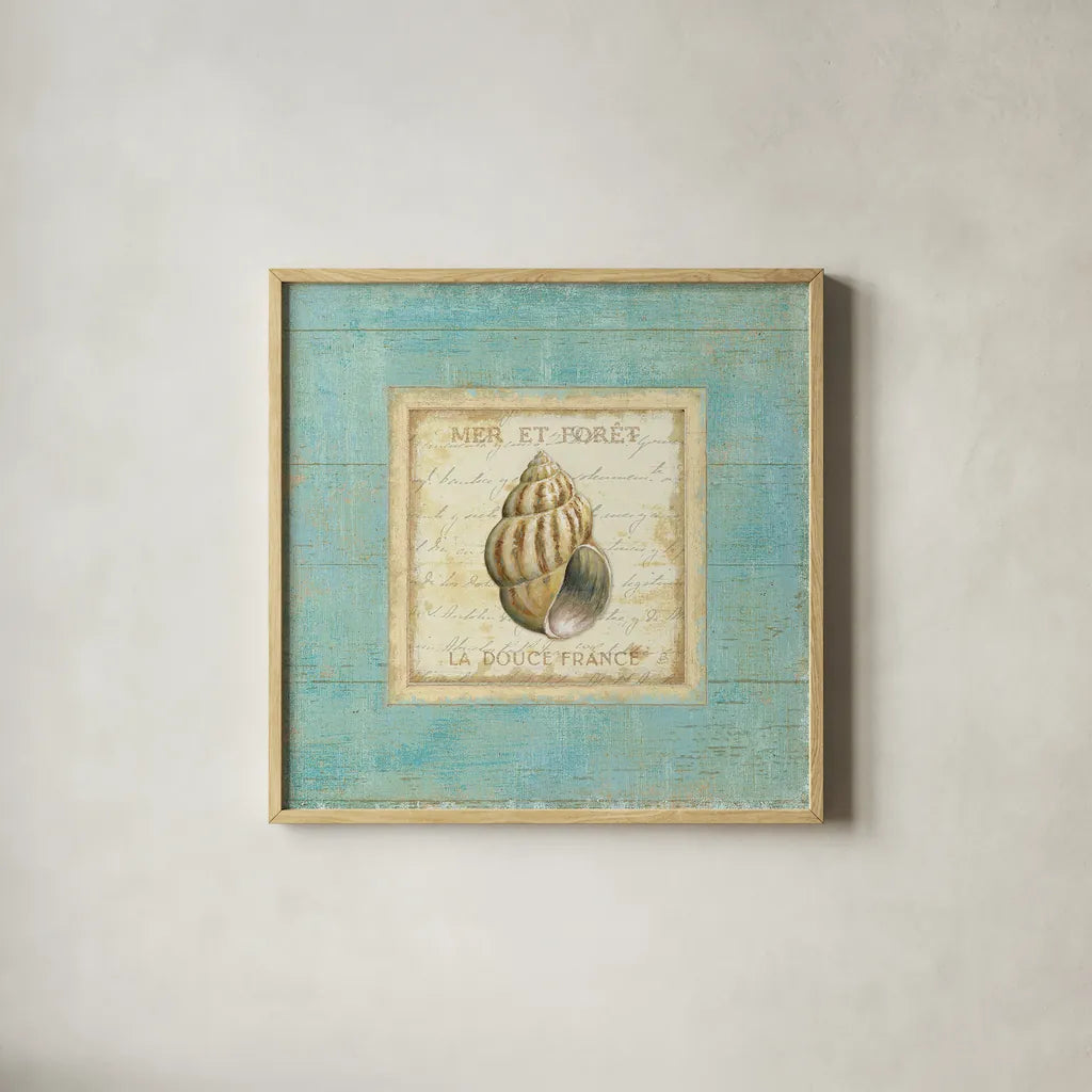 Bijou de Mer II by Daphne Brissonnet. Shown in a natural wood glass frame for a timeless modern aesthetic. Available as an archival giclee rolled canvas, fine art paper, or poster print. SKU 2300a.