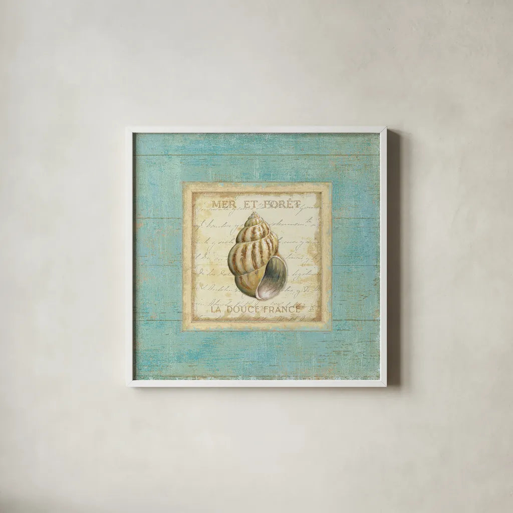 Bijou de Mer II by Daphne Brissonnet. Shown in a crisp white glass frame for a clean and minimalist style. Available as an archival giclee rolled canvas, fine art paper, or poster print. SKU 2300a.