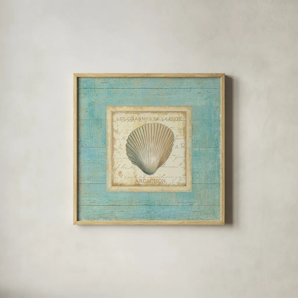 Bijou de Mer III by Daphne Brissonnet. Shown in a natural wood glass frame for a timeless modern aesthetic. Available as an archival giclee rolled canvas, fine art paper, or poster print. SKU 2301a.
