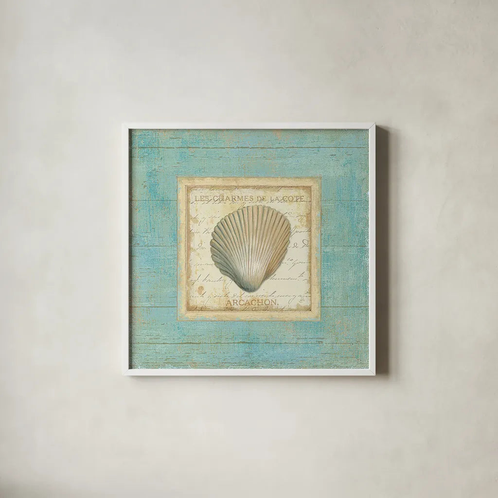 Bijou de Mer III by Daphne Brissonnet. Shown in a crisp white glass frame for a clean and minimalist style. Available as an archival giclee rolled canvas, fine art paper, or poster print. SKU 2301a.
