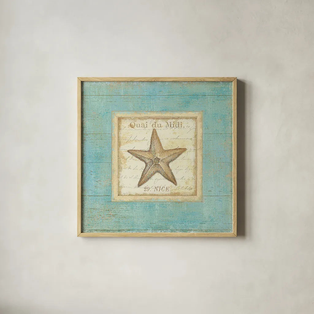 Bijou de Mer IV by Daphne Brissonnet. Shown in a natural wood glass frame for a timeless modern aesthetic. Available as an archival giclee rolled canvas, fine art paper, or poster print. SKU 2302a.