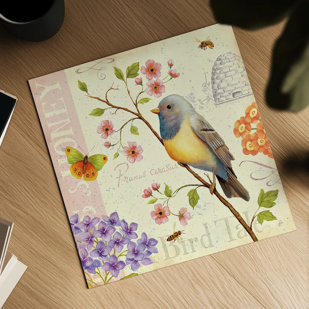 Birds and Bees I by Daphne Brissonnet. Shown as a detailed flat fine art print, highlighting archival giclee quality. Available as an archival giclee rolled canvas, fine art paper, or poster print. SKU 7691a.