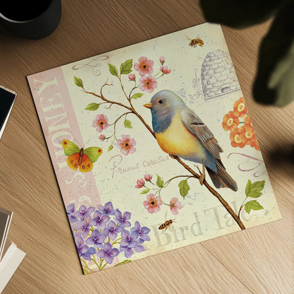 Birds and Bees I by Daphne Brissonnet. Shown as a detailed flat fine art print, highlighting archival giclee quality. Available as an archival giclee rolled canvas, fine art paper, or poster print. SKU 7691a.