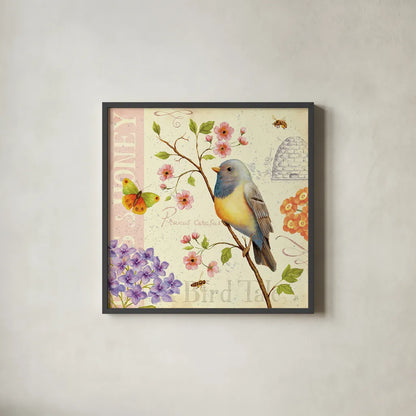 Birds and Bees I by Daphne Brissonnet. Shown in a sleek black glass frame for a contemporary gallery look. Available as an archival giclee rolled canvas, fine art paper, or poster print. SKU 7691a.