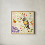 Birds and Bees I by Daphne Brissonnet. Shown in a natural wood glass frame for a timeless modern aesthetic. Available as an archival giclee rolled canvas, fine art paper, or poster print. SKU 7691a.