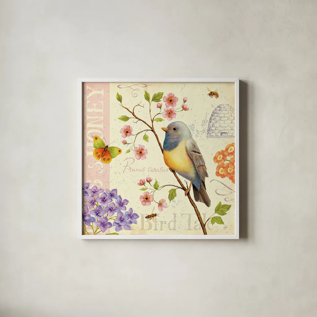 Birds and Bees I by Daphne Brissonnet. Shown in a crisp white glass frame for a clean and minimalist style. Available as an archival giclee rolled canvas, fine art paper, or poster print. SKU 7691a.