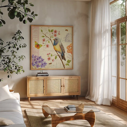 Birds and Bees I by Daphne Brissonnet. Shown in a natural wood frame in a cozy modern living room. Available as an archival giclee rolled canvas, fine art paper, or poster print. SKU 7691a.