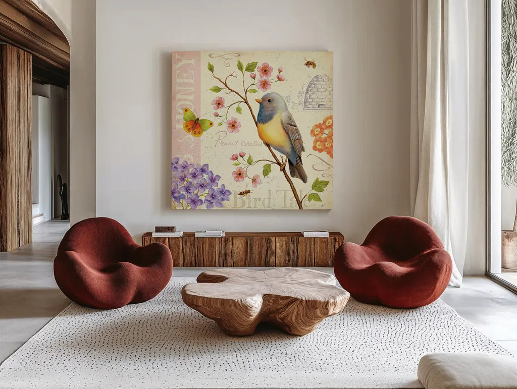 Birds and Bees I by Daphne Brissonnet. Shown as extra-large giant wall art in a modern living room. Available as an archival giclee rolled canvas, fine art paper, or poster print. SKU 7691a.