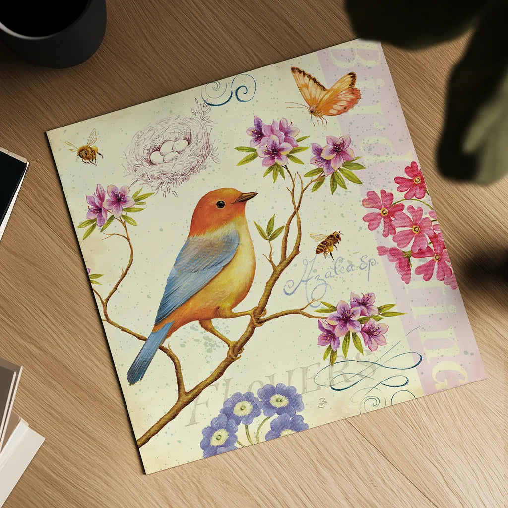 Birds and Bees II by Daphne Brissonnet. Shown as a detailed flat fine art print, highlighting archival giclee quality. Available as an archival giclee rolled canvas, fine art paper, or poster print. SKU 7692a.