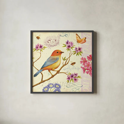 Birds and Bees II by Daphne Brissonnet. Shown in a sleek black glass frame for a contemporary gallery look. Available as an archival giclee rolled canvas, fine art paper, or poster print. SKU 7692a.