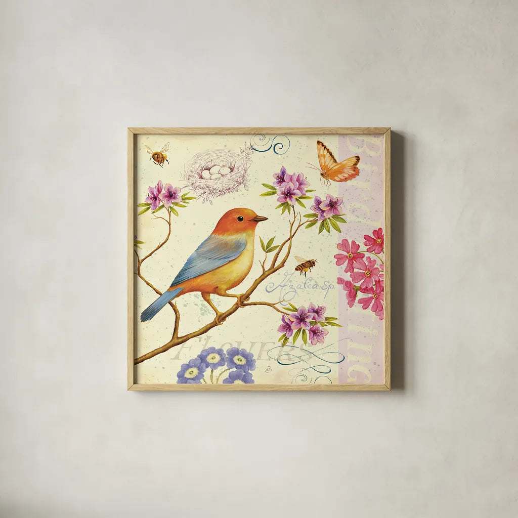 Birds and Bees II by Daphne Brissonnet. Shown in a natural wood glass frame for a timeless modern aesthetic. Available as an archival giclee rolled canvas, fine art paper, or poster print. SKU 7692a.