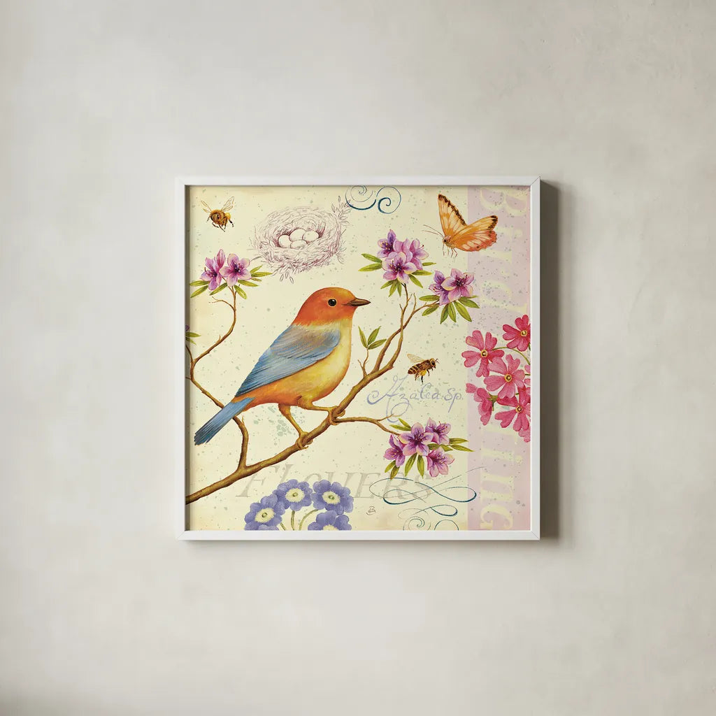 Birds and Bees II by Daphne Brissonnet. Shown in a crisp white glass frame for a clean and minimalist style. Available as an archival giclee rolled canvas, fine art paper, or poster print. SKU 7692a.