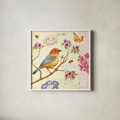 Birds and Bees II by Daphne Brissonnet. Shown in a crisp white glass frame for a clean and minimalist style. Available as an archival giclee rolled canvas, fine art paper, or poster print. SKU 7692a.