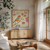 Birds and Bees II by Daphne Brissonnet. Shown in a natural wood frame in a cozy modern living room. Available as an archival giclee rolled canvas, fine art paper, or poster print. SKU 7692a.
