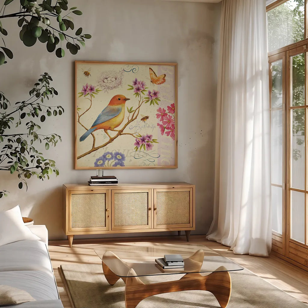 Birds and Bees II by Daphne Brissonnet. Shown in a natural wood frame in a cozy modern living room. Available as an archival giclee rolled canvas, fine art paper, or poster print. SKU 7692a.