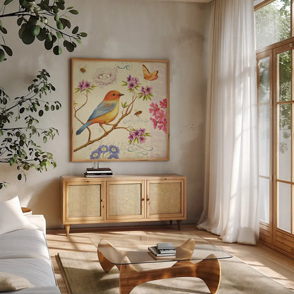 Birds and Bees II by Daphne Brissonnet. Shown in a natural wood frame in a cozy modern living room. Available as an archival giclee rolled canvas, fine art paper, or poster print. SKU 7692a.
