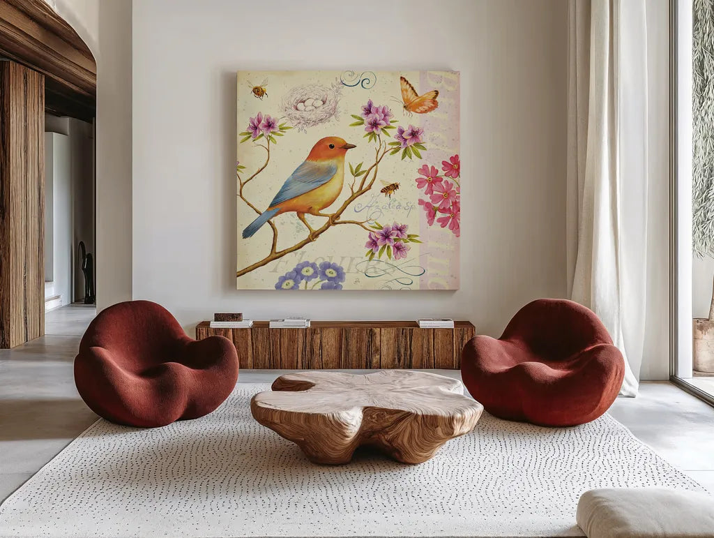 Birds and Bees II by Daphne Brissonnet. Shown as extra-large giant wall art in a modern living room. Available as an archival giclee rolled canvas, fine art paper, or poster print. SKU 7692a.
