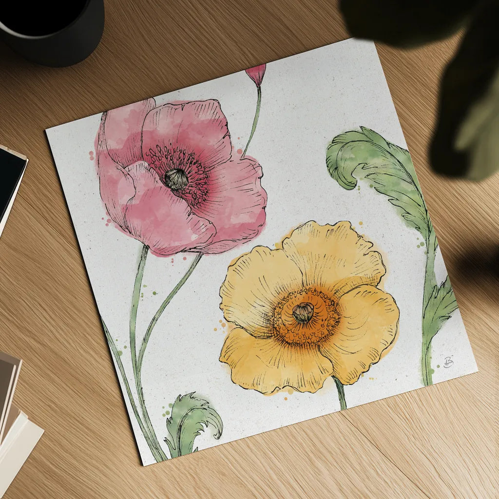Blossom Sketches I Color by Daphne Brissonnet. Shown as a detailed flat fine art print, highlighting archival giclee quality. Available as an archival giclee rolled canvas, fine art paper, or poster print. SKU 54829a.