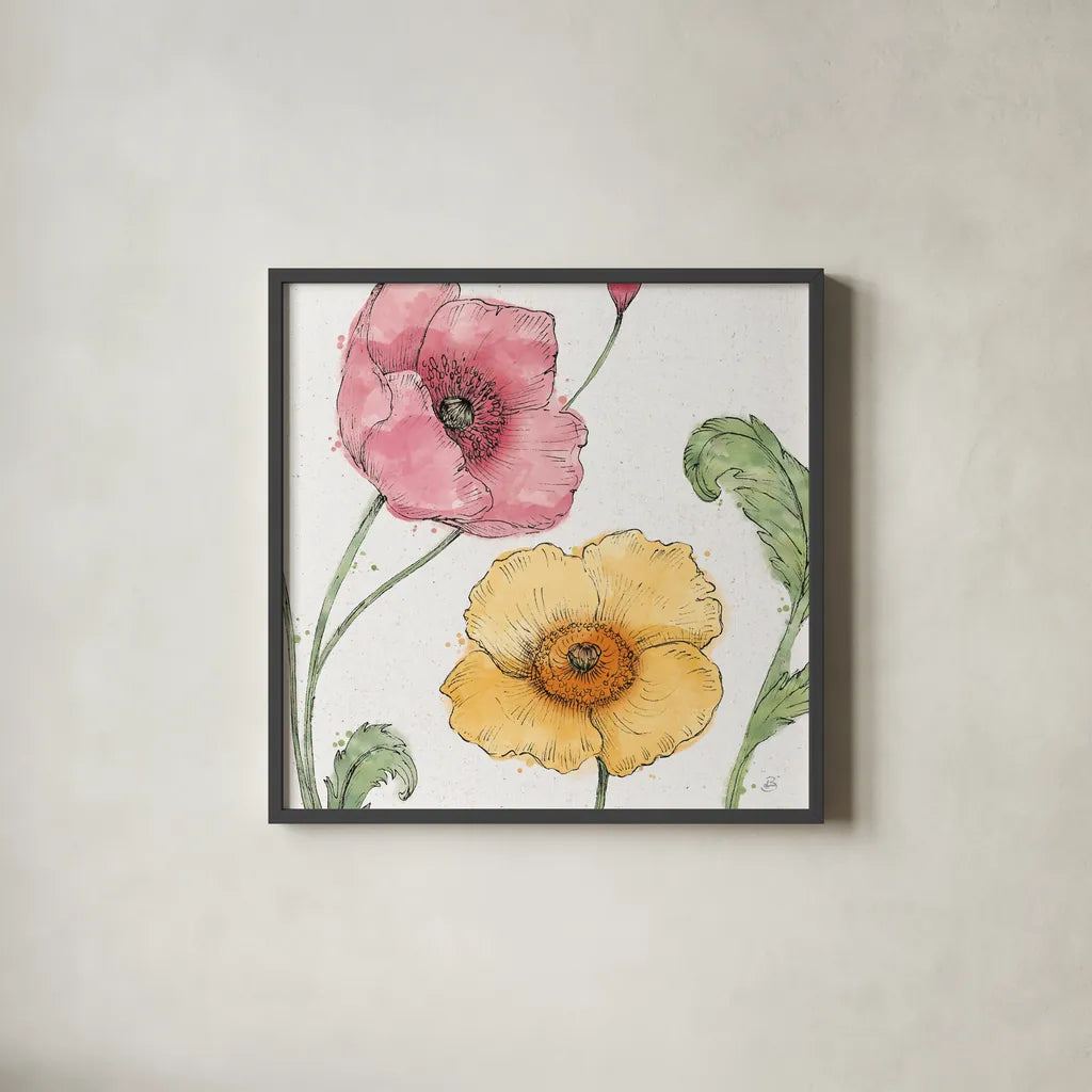 Blossom Sketches I Color by Daphne Brissonnet. Shown in a sleek black glass frame for a contemporary gallery look. Available as an archival giclee rolled canvas, fine art paper, or poster print. SKU 54829a.