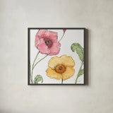 Blossom Sketches I Color by Daphne Brissonnet. Shown in a sleek black glass frame for a contemporary gallery look. Available as an archival giclee rolled canvas, fine art paper, or poster print. SKU 54829a.