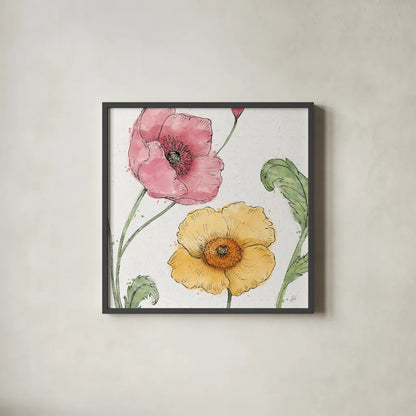 Blossom Sketches I Color by Daphne Brissonnet. Shown in a sleek black glass frame for a contemporary gallery look. Available as an archival giclee rolled canvas, fine art paper, or poster print. SKU 54829a.