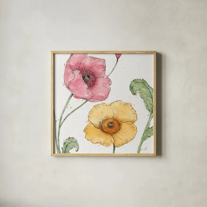 Blossom Sketches I Color by Daphne Brissonnet. Shown in a natural wood glass frame for a timeless modern aesthetic. Available as an archival giclee rolled canvas, fine art paper, or poster print. SKU 54829a.
