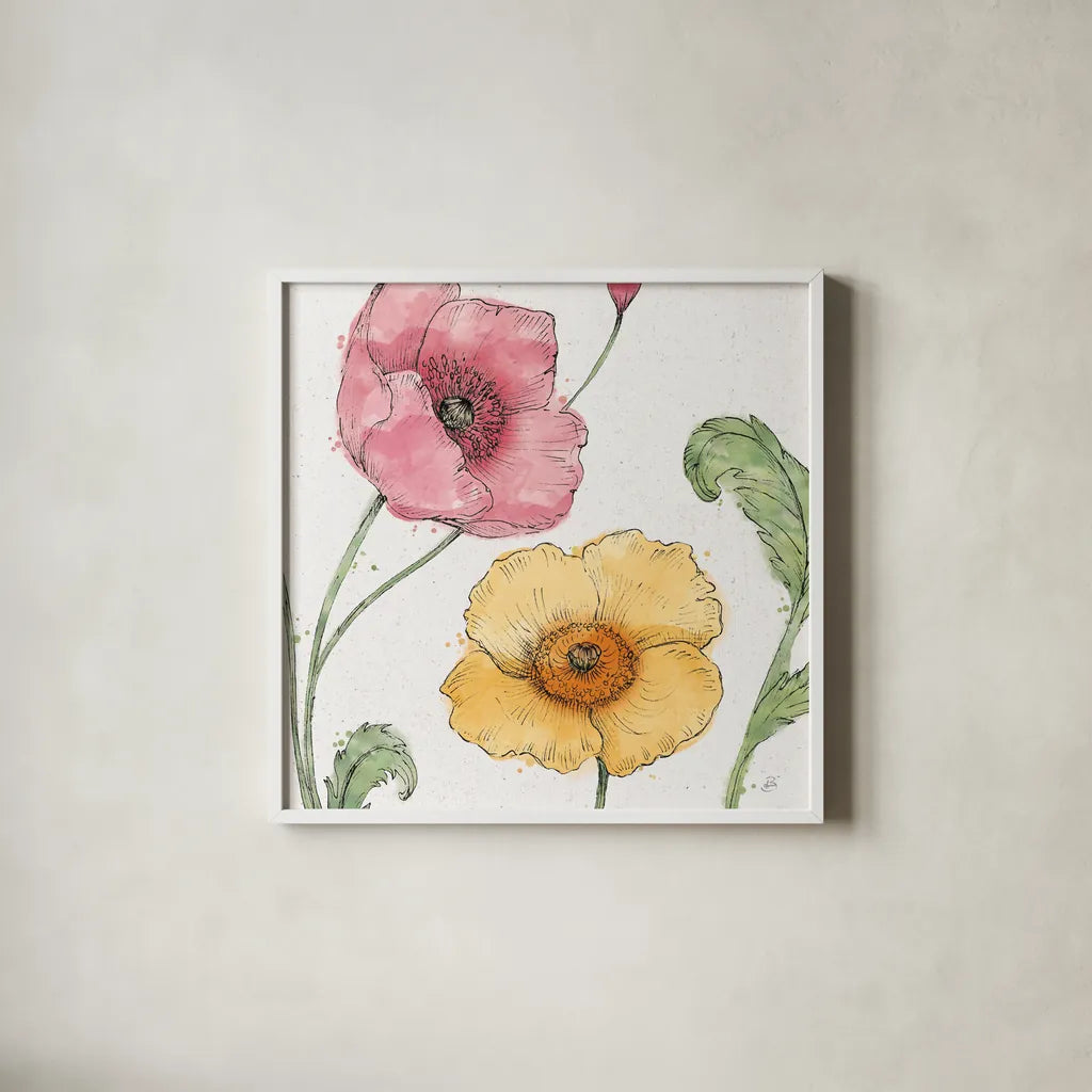 Blossom Sketches I Color by Daphne Brissonnet. Shown in a crisp white glass frame for a clean and minimalist style. Available as an archival giclee rolled canvas, fine art paper, or poster print. SKU 54829a.