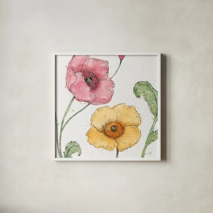 Blossom Sketches I Color by Daphne Brissonnet. Shown in a crisp white glass frame for a clean and minimalist style. Available as an archival giclee rolled canvas, fine art paper, or poster print. SKU 54829a.