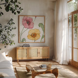 Blossom Sketches I Color by Daphne Brissonnet. Shown in a natural wood frame in a cozy modern living room. Available as an archival giclee rolled canvas, fine art paper, or poster print. SKU 54829a.