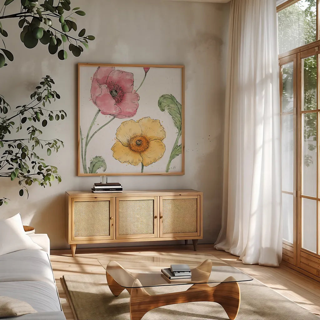 Blossom Sketches I Color by Daphne Brissonnet. Shown in a natural wood frame in a cozy modern living room. Available as an archival giclee rolled canvas, fine art paper, or poster print. SKU 54829a.