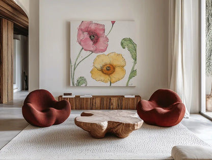 Blossom Sketches I Color by Daphne Brissonnet. Shown as extra-large giant wall art in a modern living room. Available as an archival giclee rolled canvas, fine art paper, or poster print. SKU 54829a.