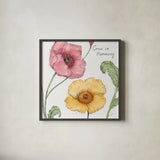 Blossom Sketches I Words Color by Daphne Brissonnet. Shown in a sleek black glass frame for a contemporary gallery look. Available as an archival giclee rolled canvas, fine art paper, or poster print. SKU 54962a.