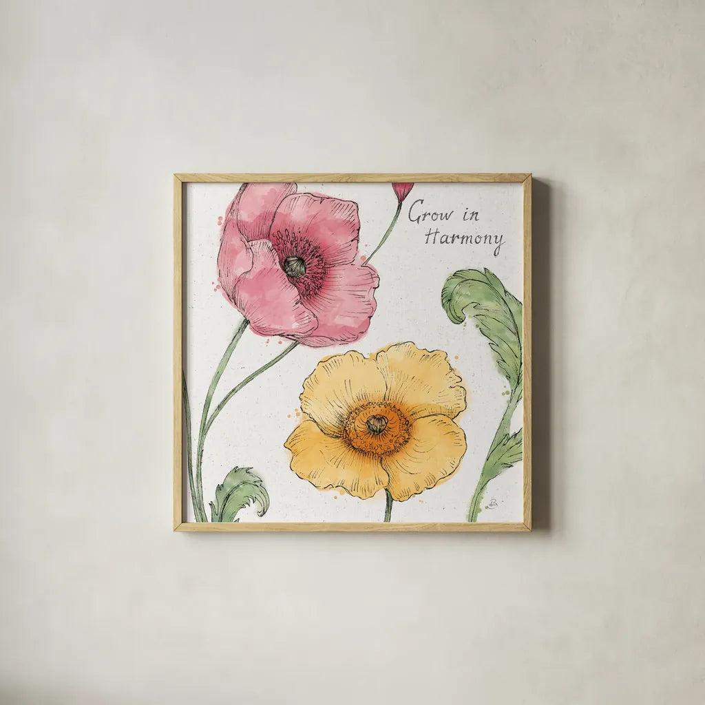 Blossom Sketches I Words Color by Daphne Brissonnet. Shown in a natural wood glass frame for a timeless modern aesthetic. Available as an archival giclee rolled canvas, fine art paper, or poster print. SKU 54962a.