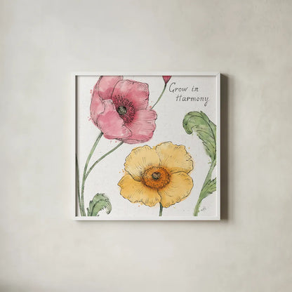 Blossom Sketches I Words Color by Daphne Brissonnet. Shown in a crisp white glass frame for a clean and minimalist style. Available as an archival giclee rolled canvas, fine art paper, or poster print. SKU 54962a.