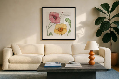 Blossom Sketches I Words Color by Daphne Brissonnet. Displayed in a glass frame with matte in a clean modern living room. Available as an archival giclee rolled canvas, fine art paper, or poster print. SKU 54962a.